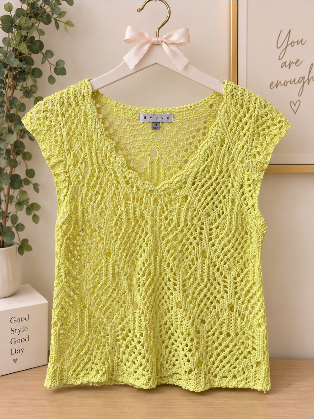 HYFVE Lime Yellow Crochet V-Neck Beach Coverup Top